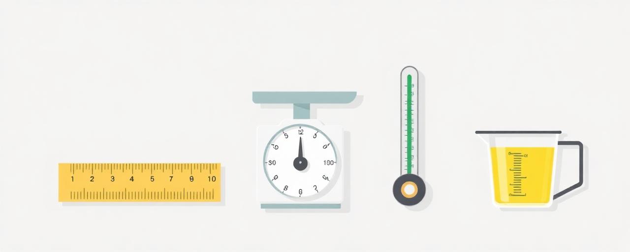 Measurement tools: ruler, scale, thermometer, and measuring cup